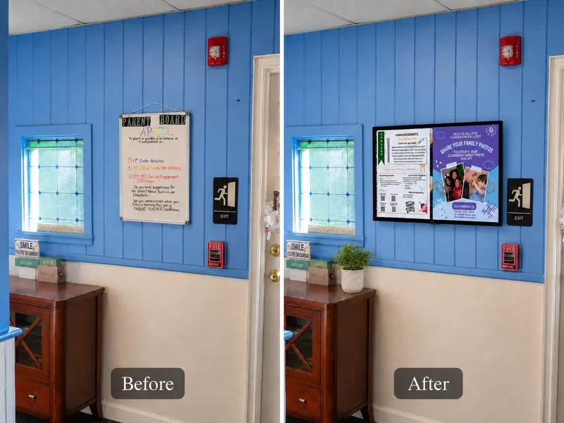 Before and after at the first test site: a small dry erase board on a blue wall, then a Digital Parent Board in the same spot.
