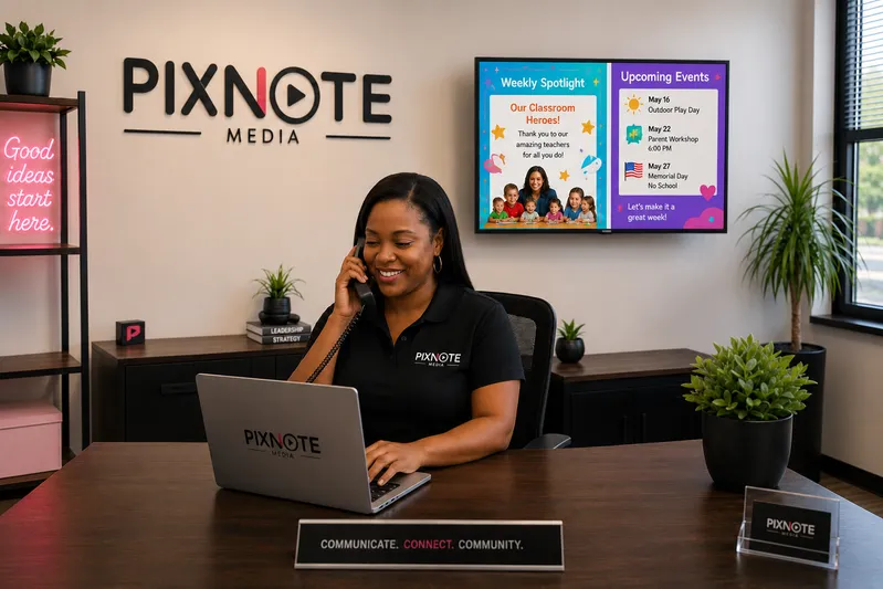 A smiling PixNote team member on the phone at her desk, with a PixNote parent board displayed on the wall behind her.