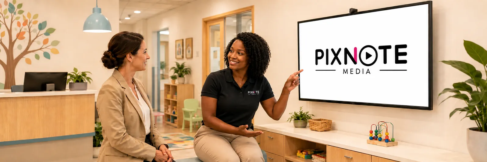 A PixNote team member shows a childcare director the PixNote Media screen in a bright center lobby.
