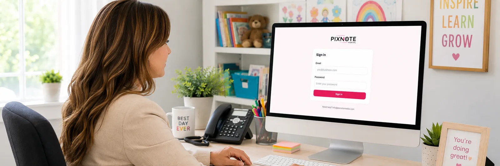 A childcare director signs in to the PixNote client portal on her desktop computer.