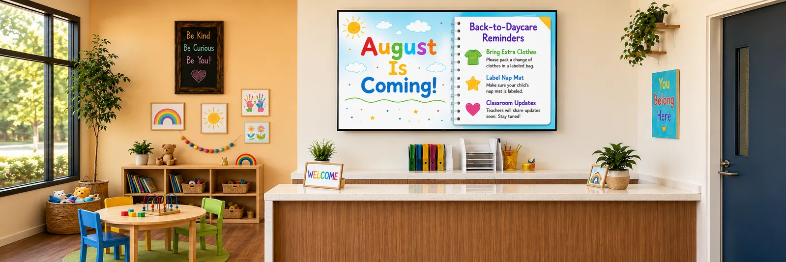 A welcoming childcare front desk with a Digital Parent Board announcing back-to-daycare reminders.