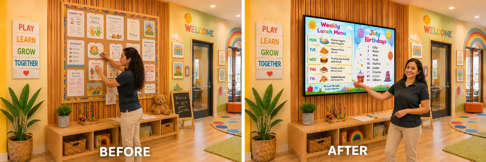 Before and after: a crowded paper bulletin board in a daycare lobby, then the same wall with a bright Digital Parent Board showing the weekly lunch menu and July birthdays.