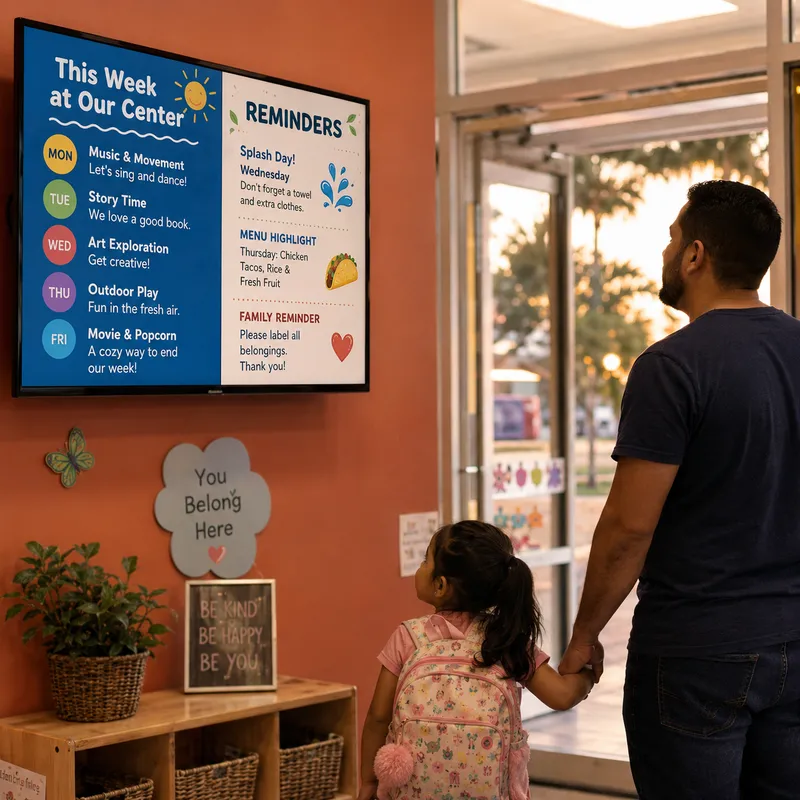 A father and daughter read a Digital Parent Board showing this week's activities and reminders.