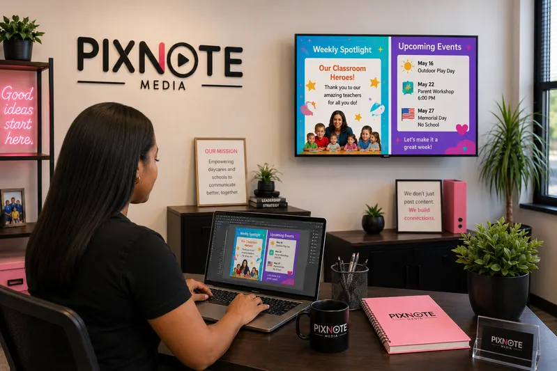 A PixNote designer at her desk creating parent board slides, with the PixNote logo and a sample screen on the wall.